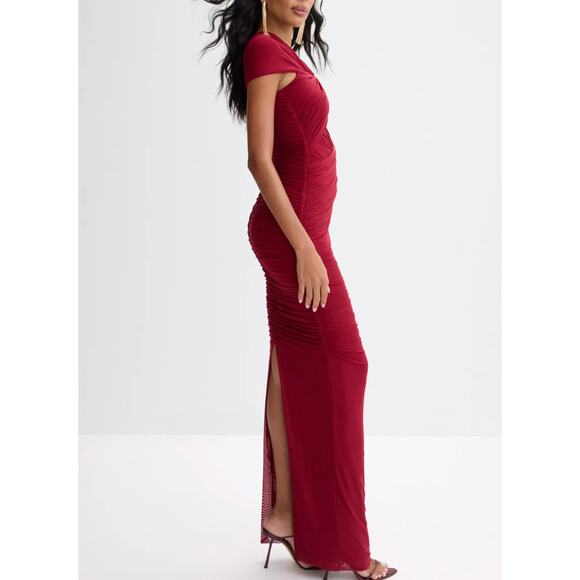 Ronny Kobo Red Ruched Maxi Dress MEDIUM Cutout Slinky Jersey Gown Designer $468 - Picture 2 of 13
